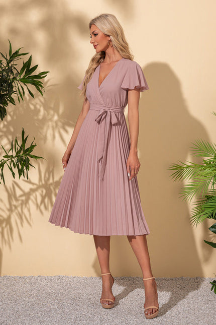 Robe Pastel Rose Col V Midi Trapèze - gallery 1