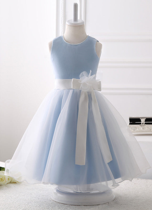 Robe Pastel Bleu Col Rond Longueur Genou