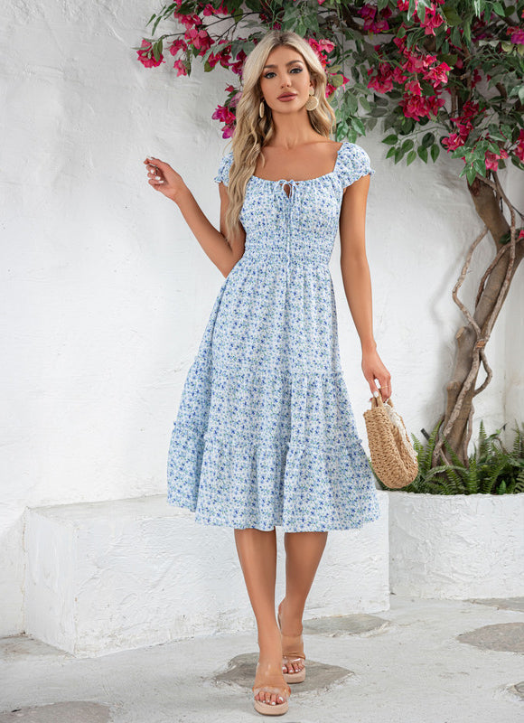 Robe Pastel Bleu Fleurs Volants Midi - gallery 4