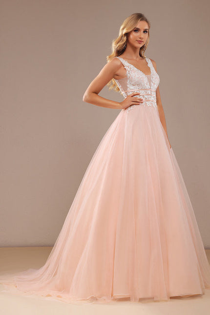 Robe Pastel Rose Col V Traîne Tulle - gallery 7