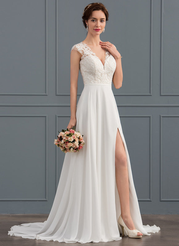 Robe Pastel Blanche Col V Traîne Dentelle - gallery 2