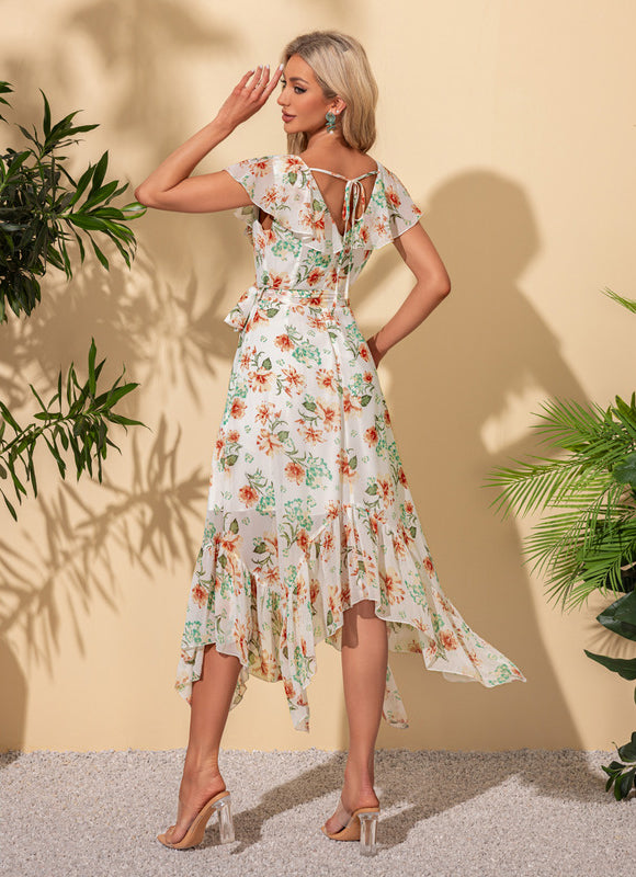 Robe Pastel Fleurie Col V Asymétrique - gallery 1
