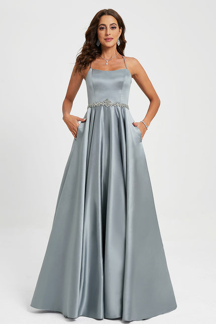 Robe Pastel Gris Satin Strass Longueur Sol - gallery 1