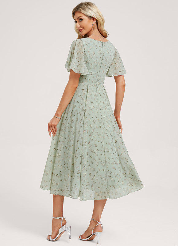 Robe Pastel Bleu Asymétrique Col V Volants - gallery 4