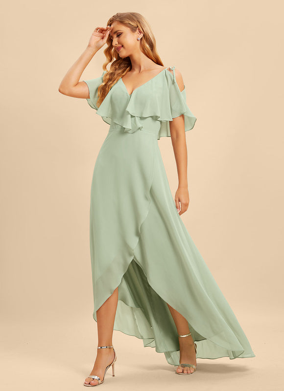 Robe Pastel Bleu Asymétrique Col V Volants - gallery 3