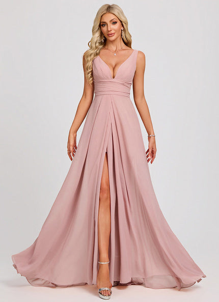 Robe Pastel Rose Col V Traîne Plis