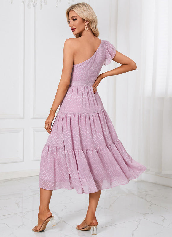 Robe Pastel Asymétrique Rose À Volants - gallery 2