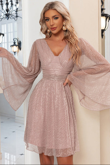 Robe Pastel Rose Paillettes Col V - gallery 4