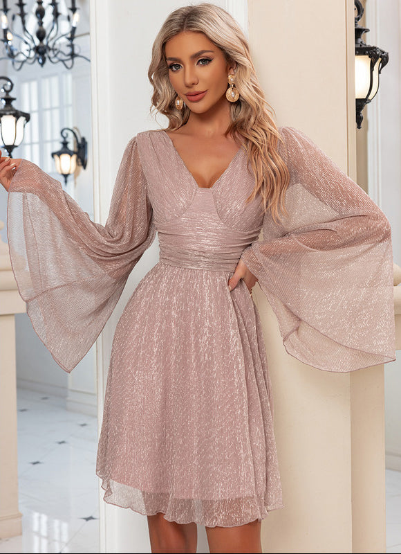Robe Pastel Rose Paillettes Col V - gallery 4