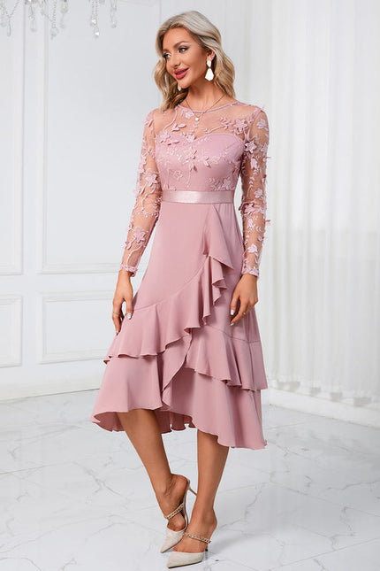 Robe Pastel Rose Fleurs À Volants Midi - gallery 4