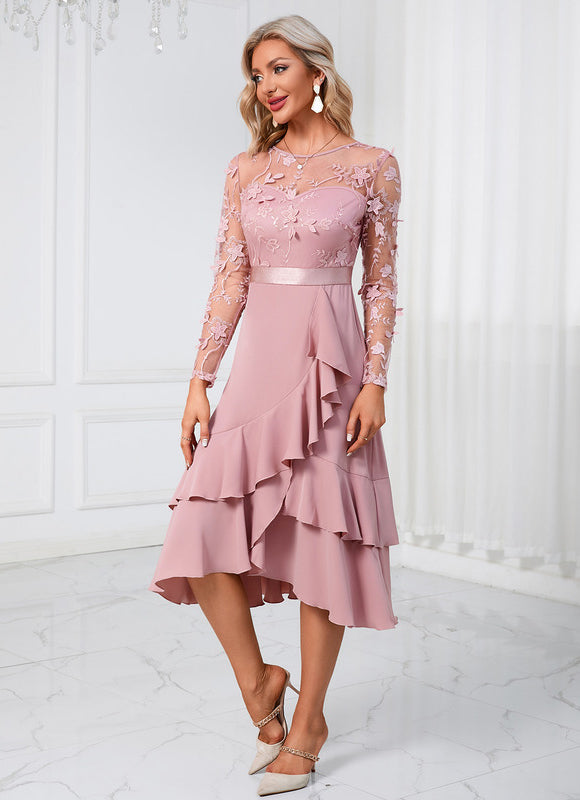 Robe Pastel Rose Fleurs À Volants Midi - gallery 4