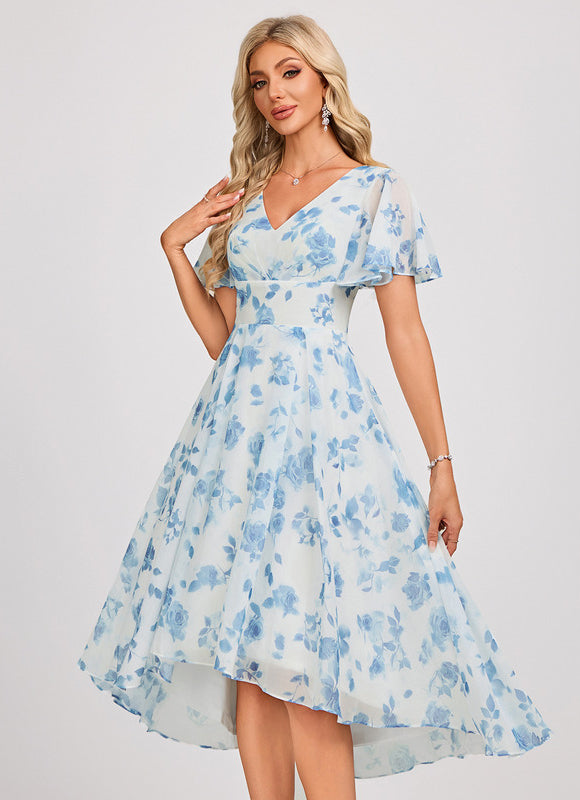 Robe Pastel Bleu Asymétrique Col V Volants - gallery 3