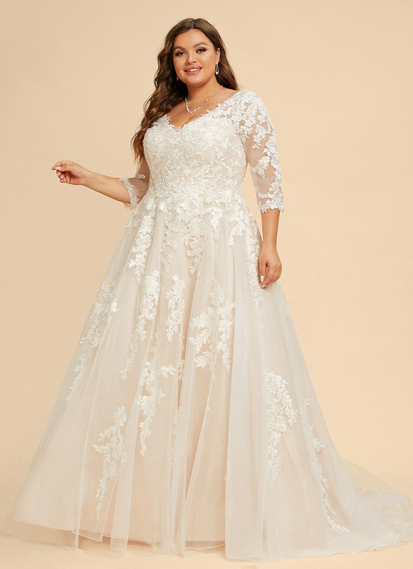 Robe Pastel Rose Traîne Tulle Dentelle - gallery 7