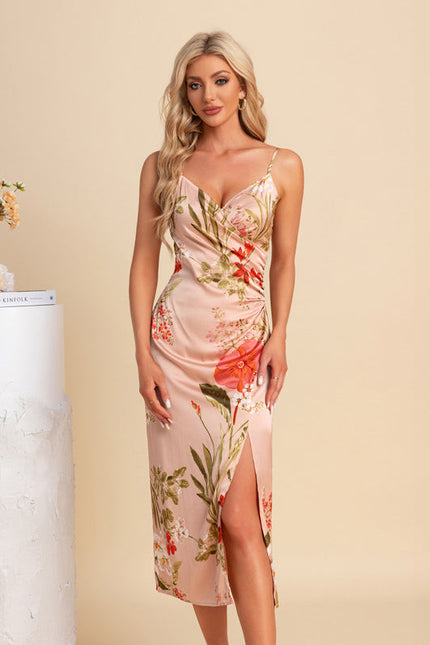 Robe Pastel Rose Fleurie Col V Midi - gallery 5
