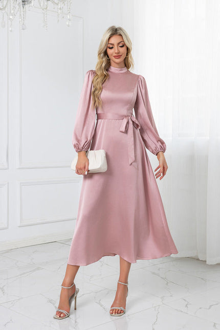Robe Pastel Rose Satin Col Montant - gallery 5