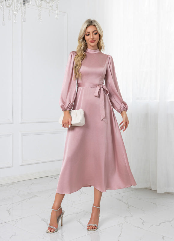 Robe Pastel Rose Satin Col Montant - gallery 5