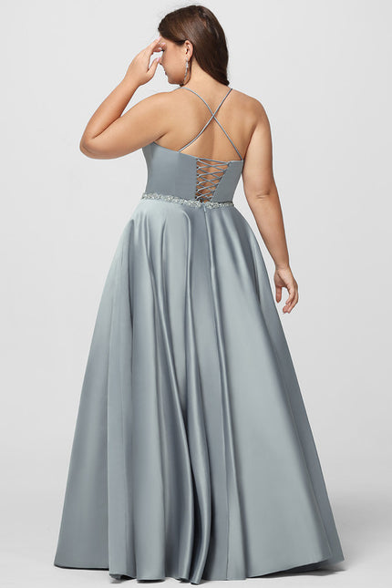 Robe Pastel Gris Satin Strass Longueur Sol - gallery 9