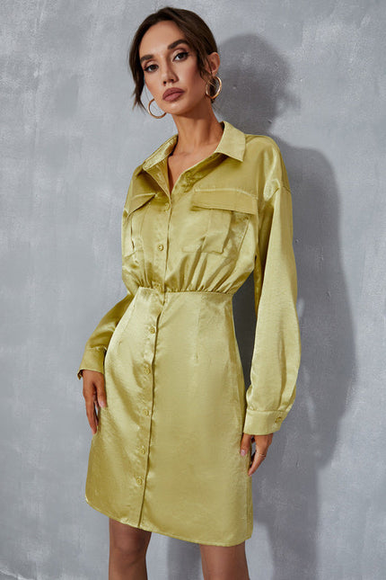 Robe Pastel Vert Citron Col Montant Satin - gallery 1