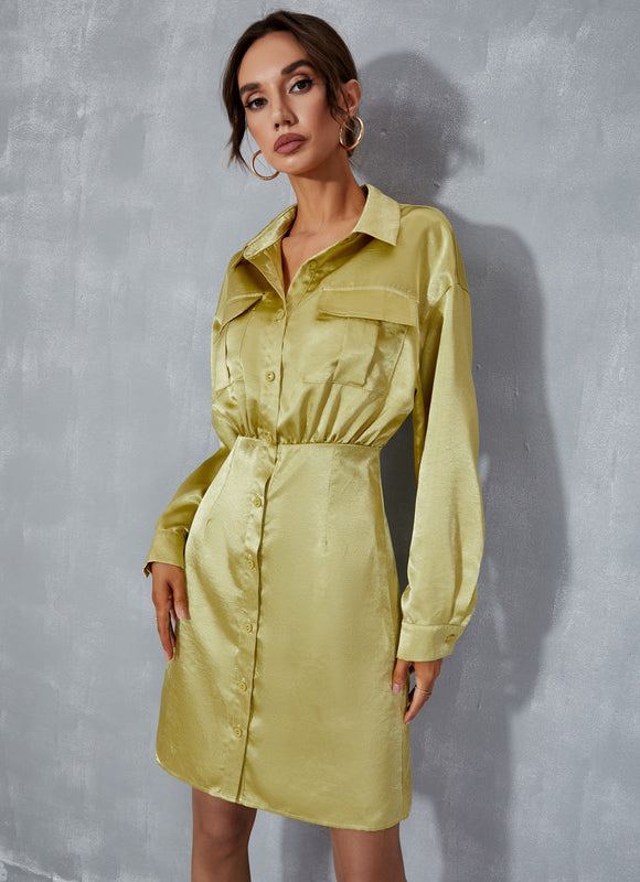 Robe Pastel Vert Citron Col Montant Satin - gallery 1
