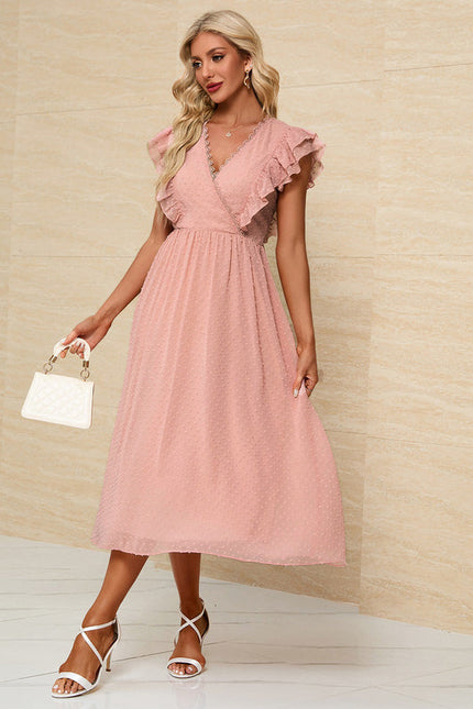 Robe Pastel Rose Col V Trapèze Midi - gallery 2