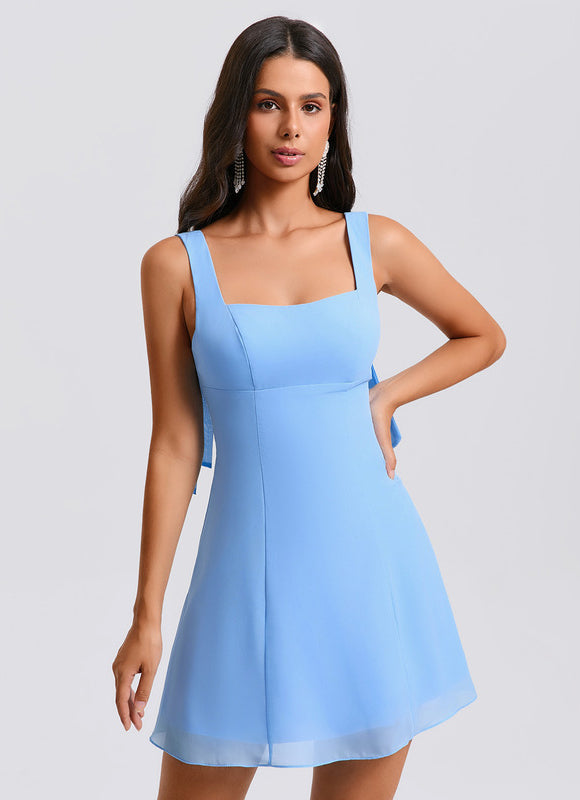 Robe Pastel Bleu Col Carré Mini