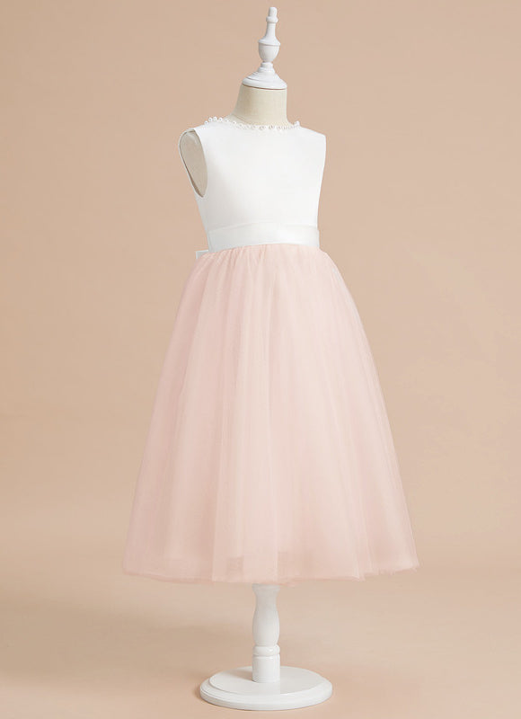 Robe Pastel Rose Satin Tulle Mariage Fille - gallery 1