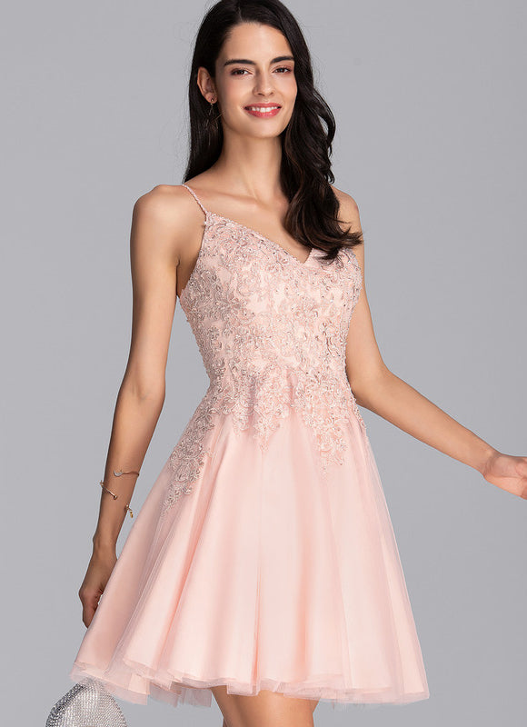 Robe Pastel Rose Trapèze Col V Tulle - gallery 4