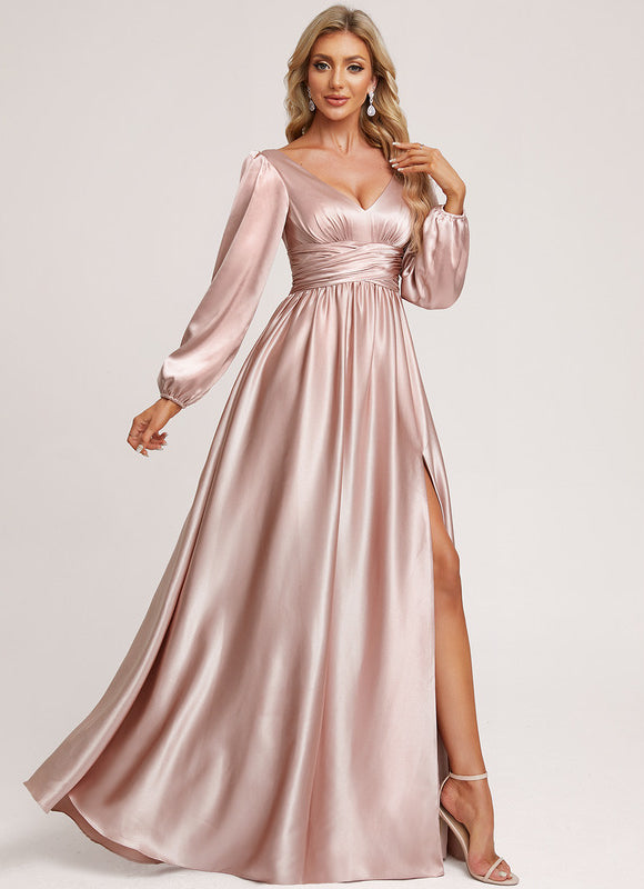 Robe Pastel Rose Satin Longueur Ras Du Sol - gallery 4
