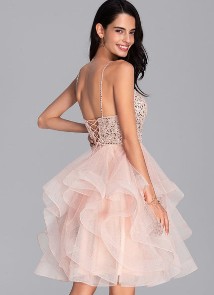 Robe Pastel Rose Col V Tulle Bal