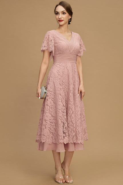 Robe Pastel Rose Col V Longueur Mollet - gallery 1