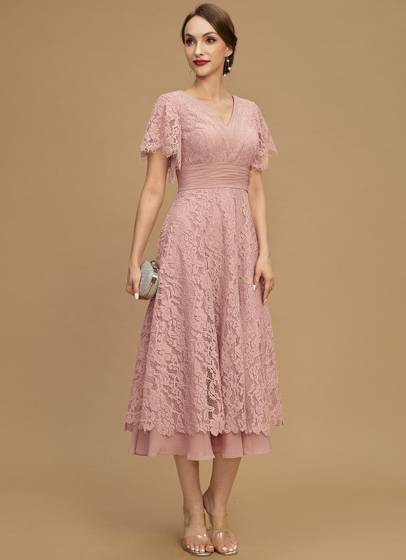 Robe Pastel Rose Col V Longueur Mollet - gallery 1