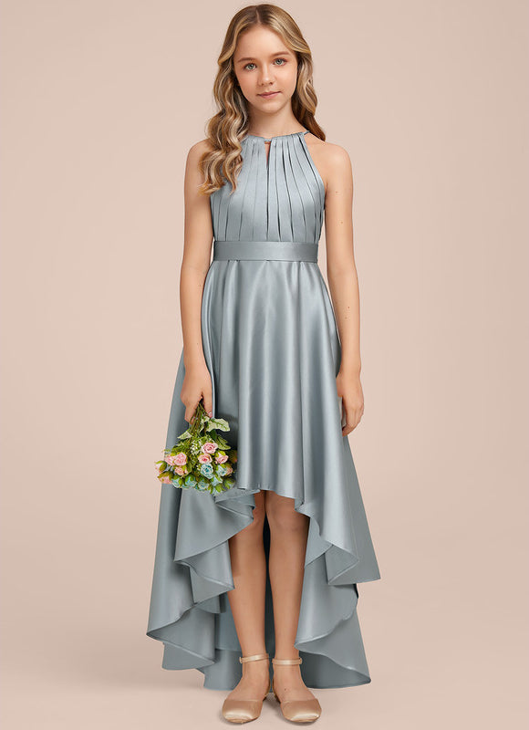 Robe Pastel Satin Bleu-Vert Trapèze Asiatique