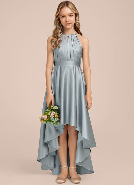 Robe Pastel Satin Bleu-Vert Trapèze Asiatique