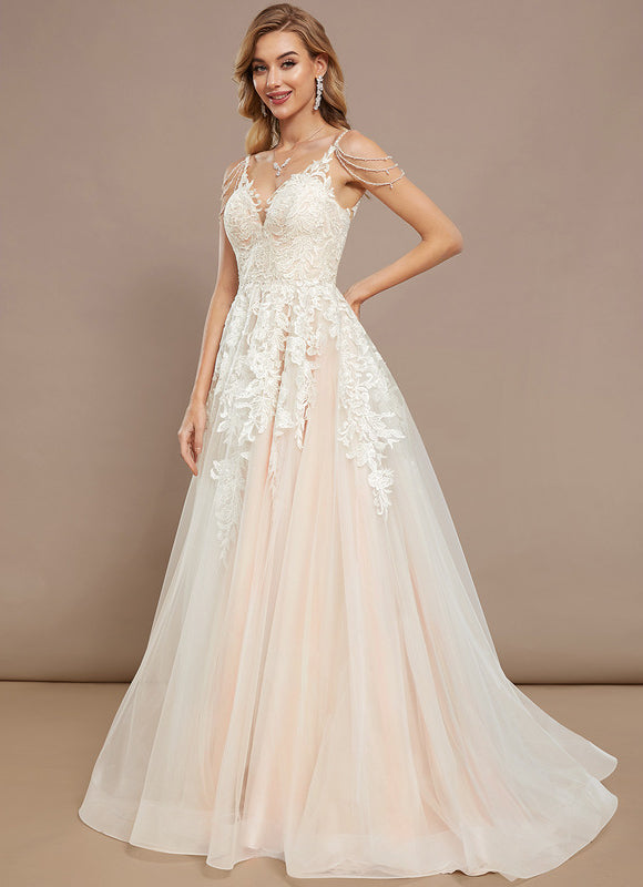 Robe Pastel Blanche Col V Traîne Dentelle