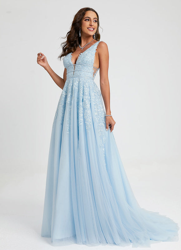 Robe Pastel Bleu Col V Traîne Dentelle - gallery 4