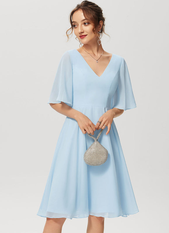 Robe Pastel Bleu Col V Mousseline Genou - gallery 2