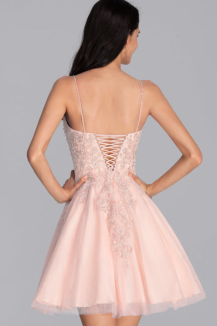 Robe Pastel Rose Trapèze Col V Tulle - gallery 2