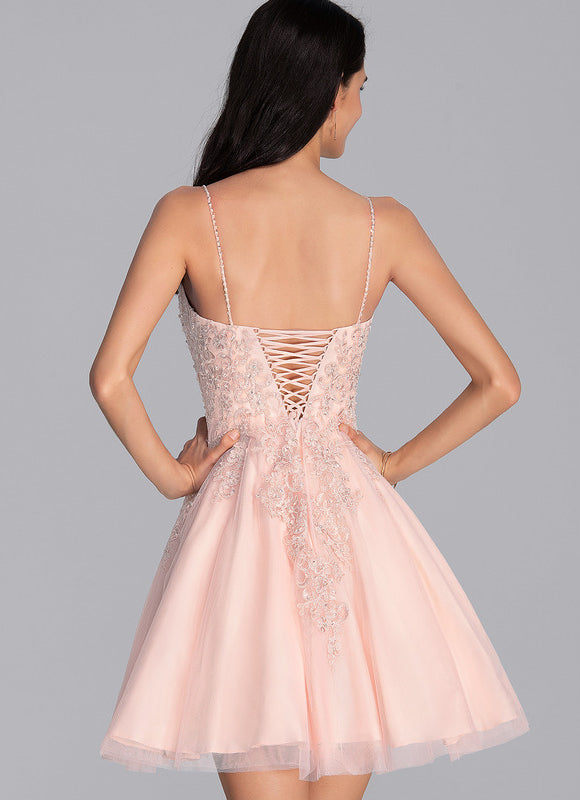 Robe Pastel Rose Trapèze Col V Tulle - gallery 2