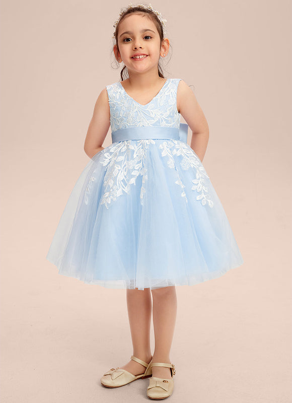 Robe Pastel Bleu Longueur Genou Dentelle - gallery 1