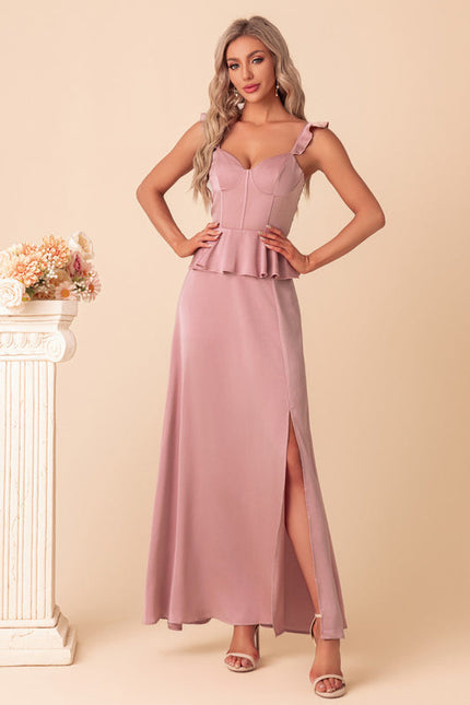 Robe Pastel Rose Satin Col Cœur Maxi