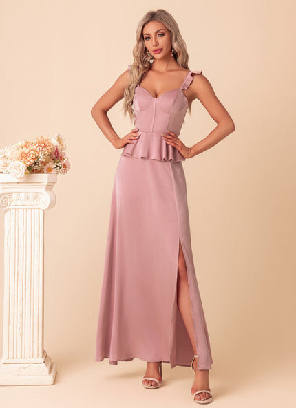 Robe Pastel Rose Satin Col Cœur Maxi