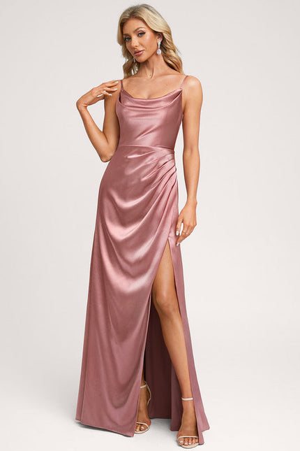 Robe Pastel Rose Satin Longueur Sol Élégante - gallery 4