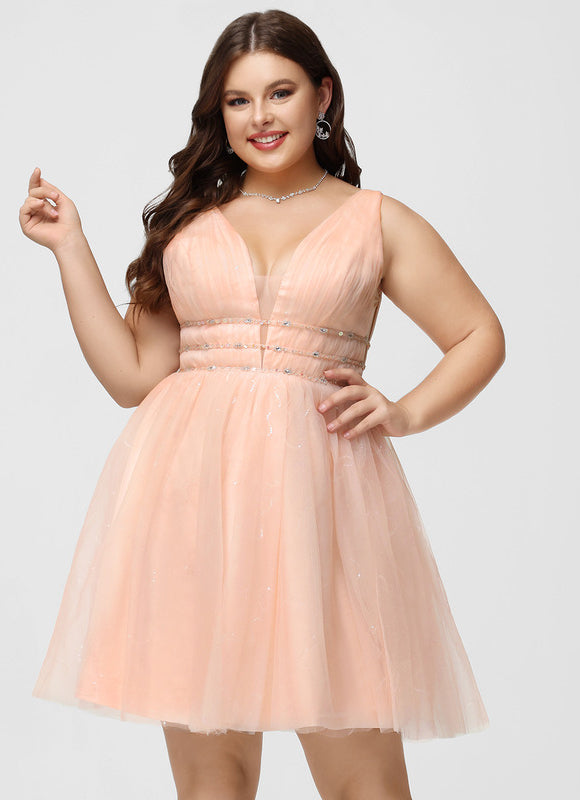 Robe Pastel Rose Trapèze Col V Tulle - gallery 7