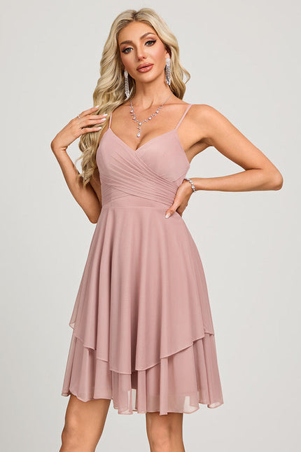 Robe Pastel Rose Trapèze Col V Court - gallery 3