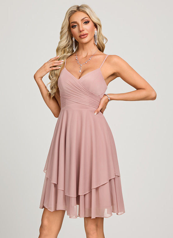 Robe Pastel Rose Trapèze Col V Court - gallery 3
