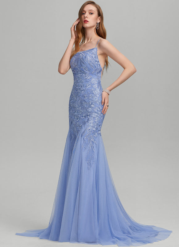 Robe Pastel Bleu Sirène Traîne Dentelle