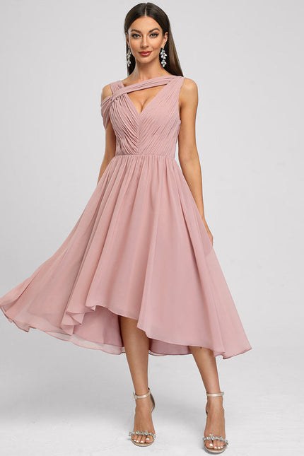 Robe Pastel Rose Asymétrique Plissée Élégante - gallery 1