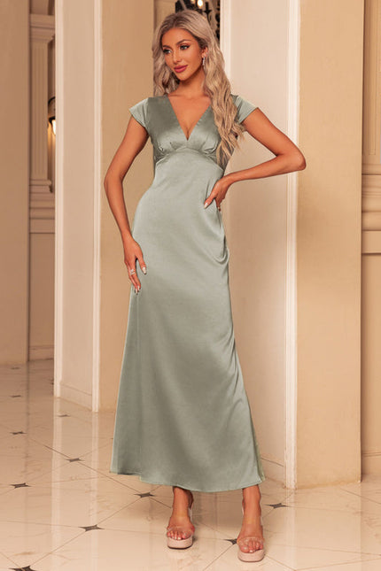 Robe Pastel Vert Satin Maxi Col V