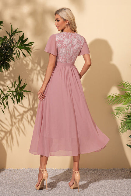 Robe Pastel Rose Col Rond Trapèze Midi - gallery 1