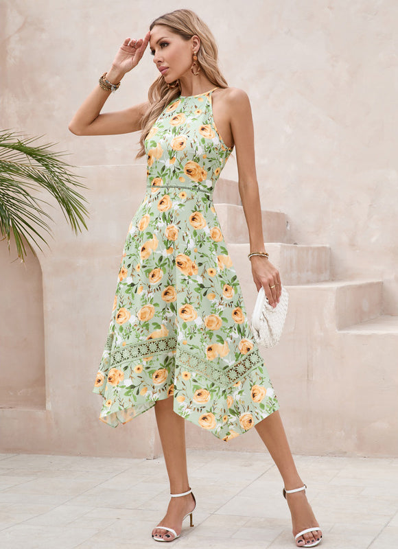 Robe Pastel Verte Imprimée Fleuri Midi - gallery 1